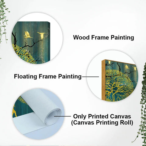 Golden Nightscape with Deer and Golden birds Canvas Wall Painting