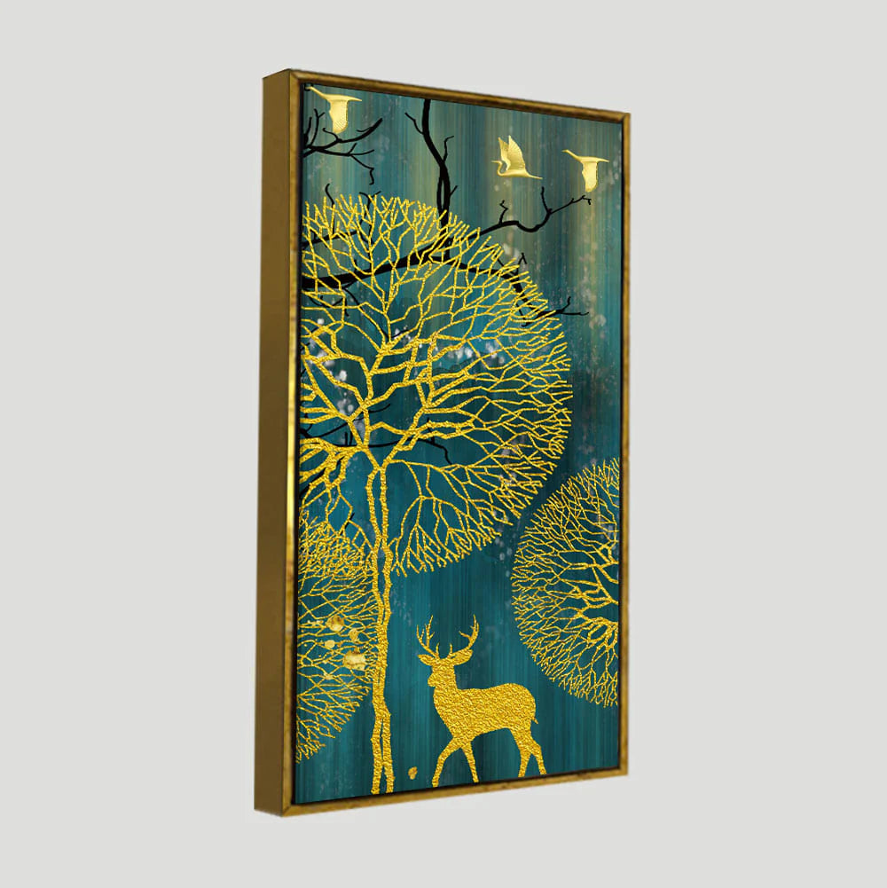 Golden Nightscape with Deer and Golden birds Canvas Wall Painting Decor Mantra