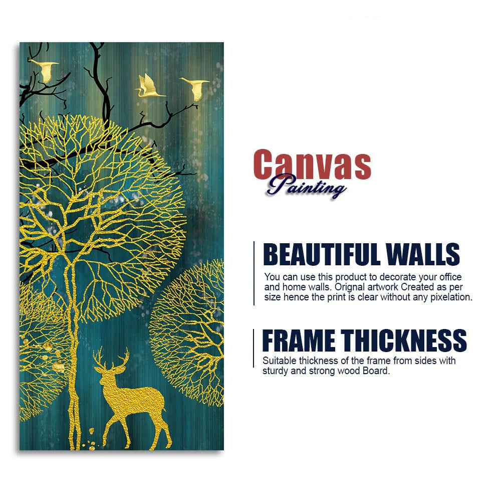 Golden Nightscape with Deer and Golden birds Canvas Wall Painting Decor Mantra