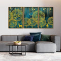 Golden Nightscape with Deer and Golden birds Floating Canvas Wall Painting Set of Three DECORMANTRA