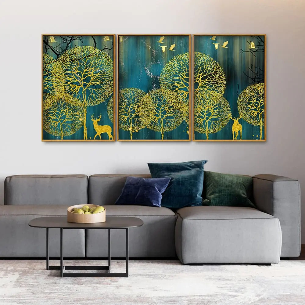Golden Nightscape with Deer and Golden birds Floating Canvas Wall Painting Set of Three DECORMANTRA