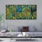 Golden Nightscape with Deer and Golden birds Floating Canvas Wall Painting Set of Three DECORMANTRA