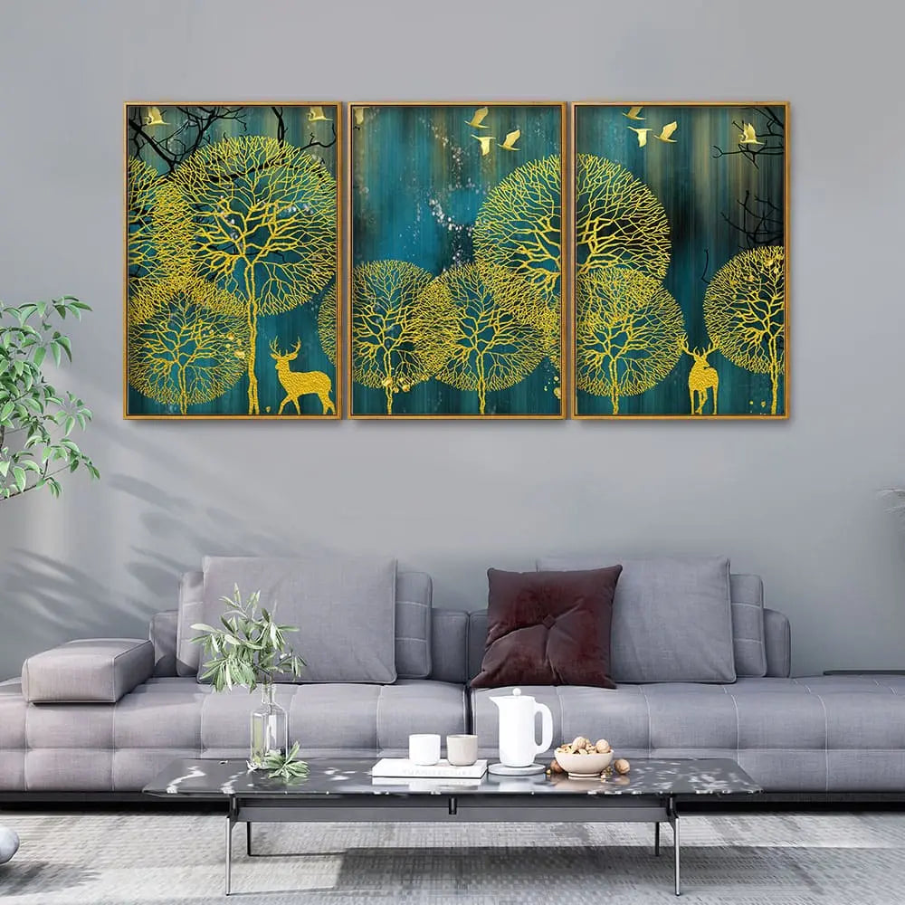 Golden Nightscape with Deer and Golden birds Floating Canvas Wall Painting Set of Three DECORMANTRA