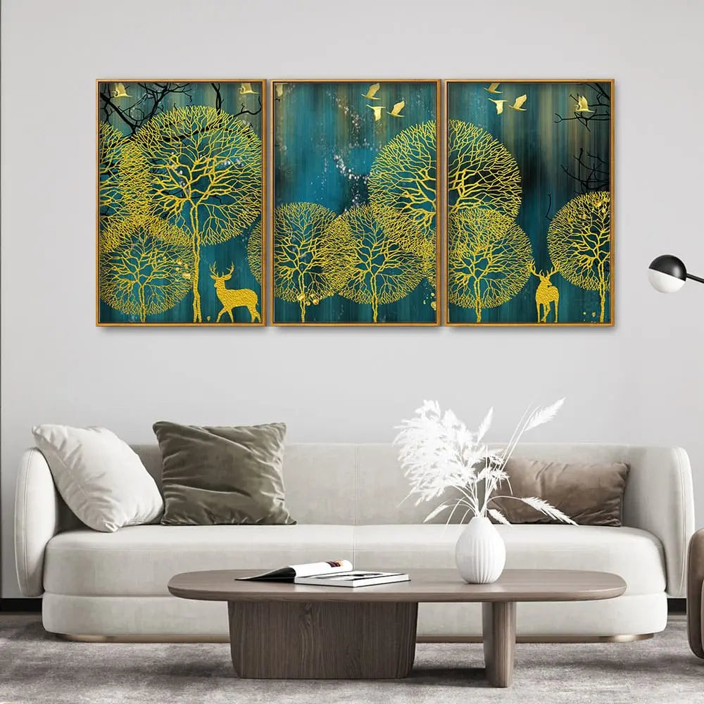 Golden Nightscape with Deer and Golden birds Floating Canvas Wall Painting Set of Three DECORMANTRA