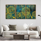 Golden Nightscape with Deer and Golden birds Floating Canvas Wall Painting Set of Three DECORMANTRA