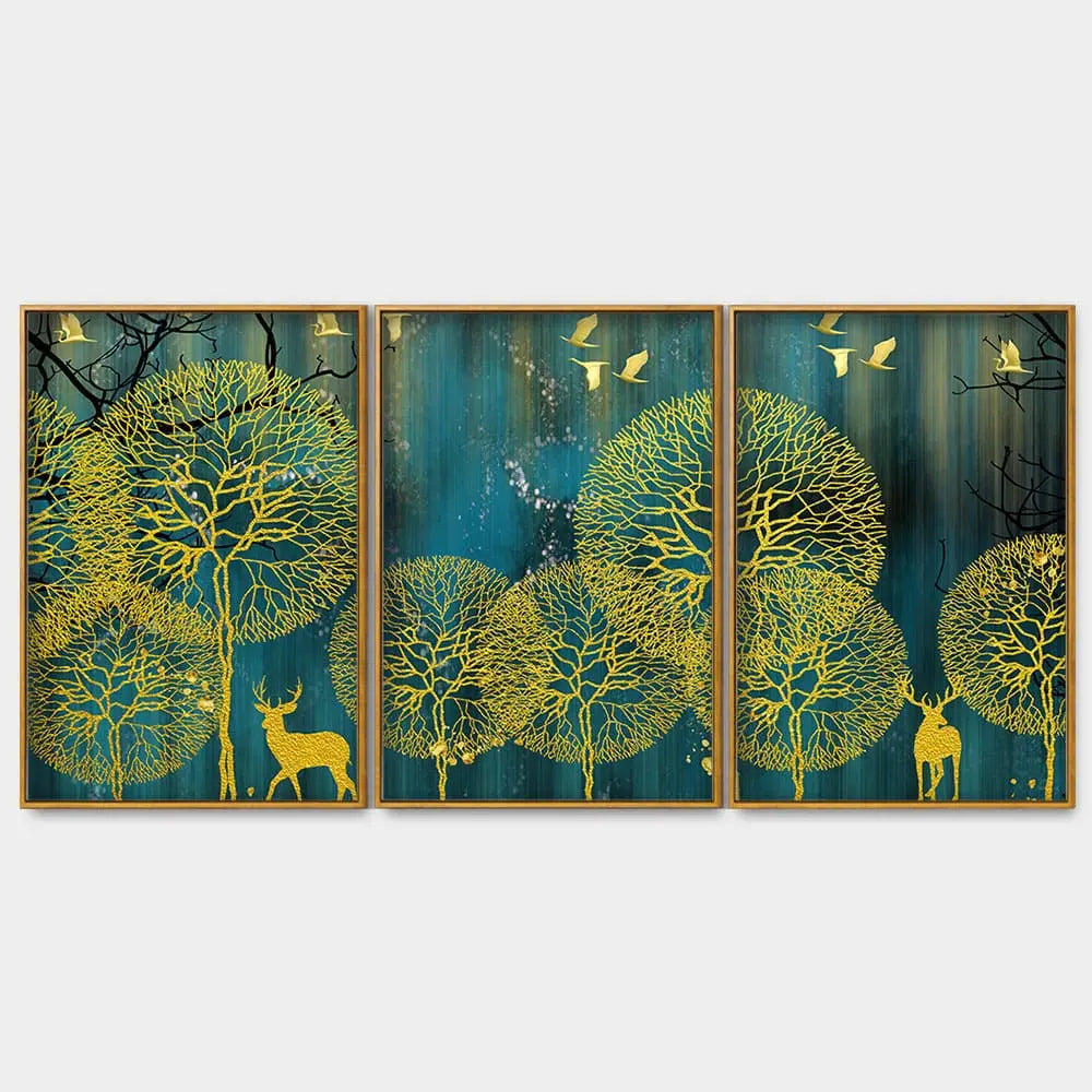Golden Nightscape with Deer and Golden birds Floating Canvas Wall Painting Set of Three DECORMANTRA