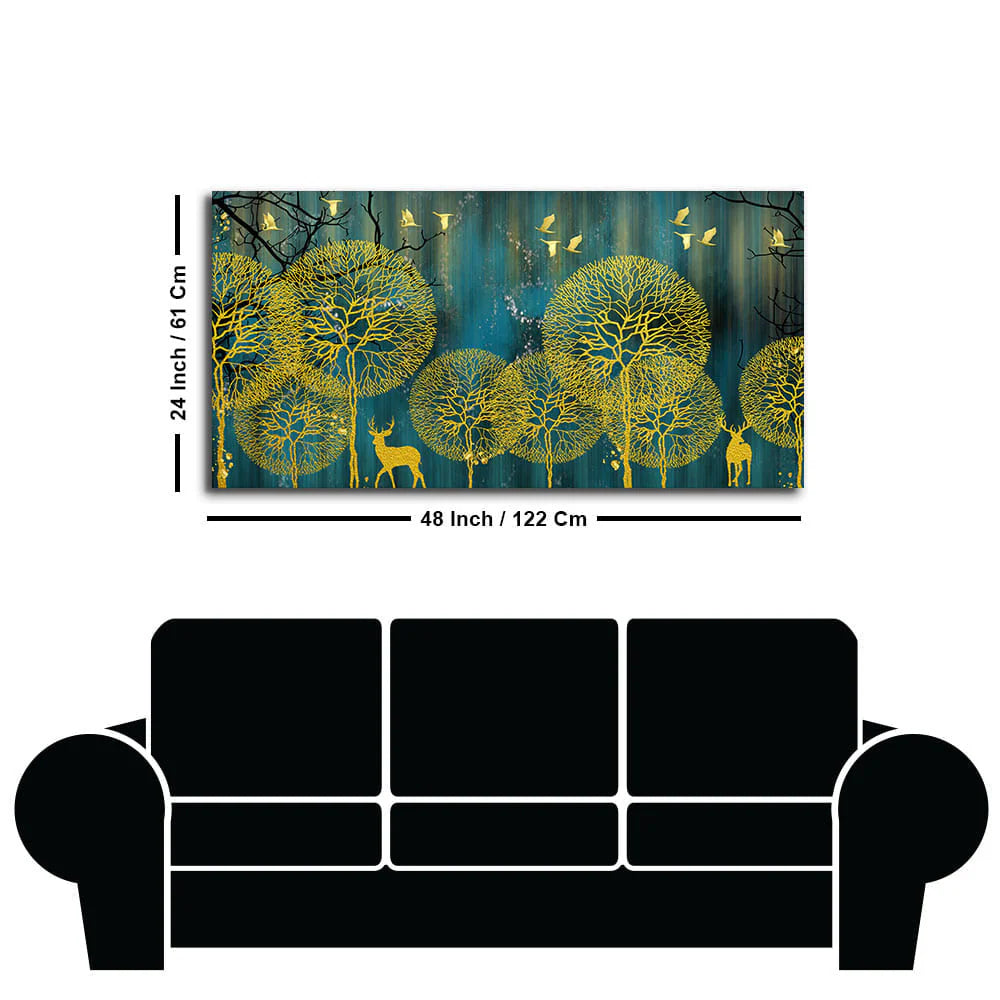 Golden Nightscape with Deers and Golden birds Canvas Wall Painting Decor Mantra