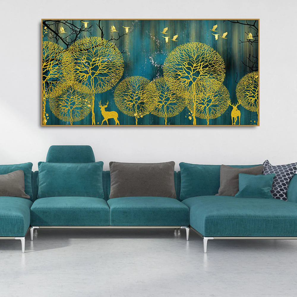 Golden Nightscape with Deers and Golden birds Canvas Wall Painting Decor Mantra