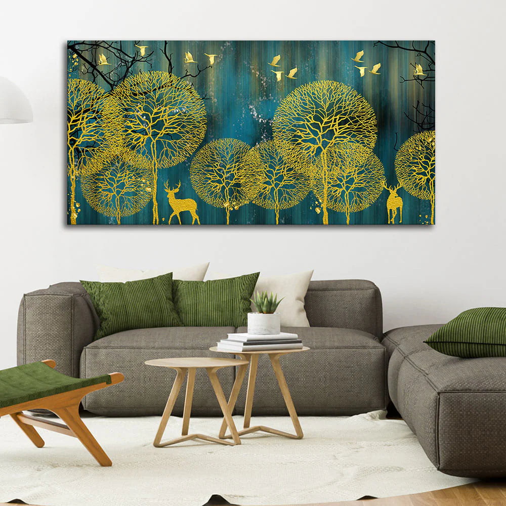 Golden Nightscape with Deers and Golden birds Canvas Wall Painting Decor Mantra