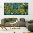 Golden Nightscape with Deers and Golden birds Canvas Wall Painting Decor Mantra