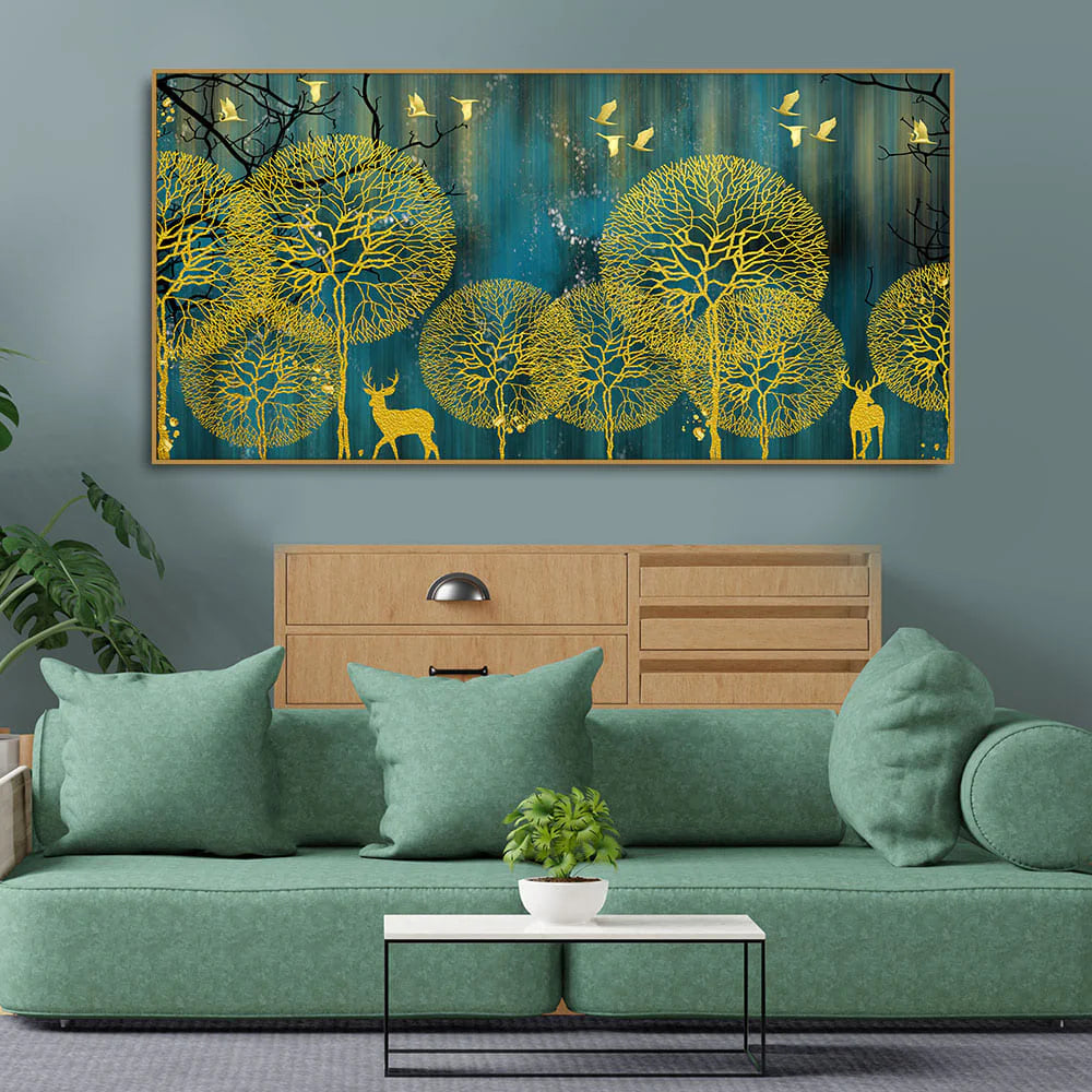 Golden Nightscape with Deers and Golden birds Canvas Wall Painting Decor Mantra