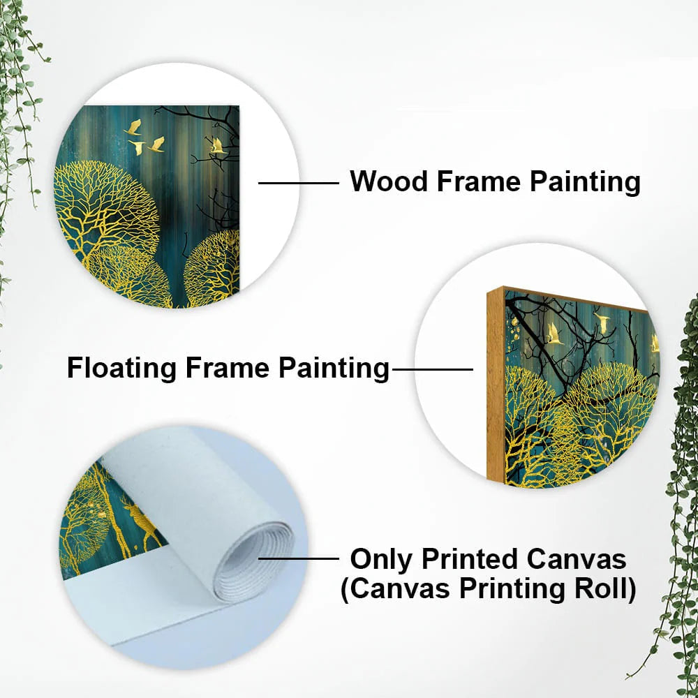 Golden Nightscape with Deers and Golden birds Canvas Wall Painting Decor Mantra