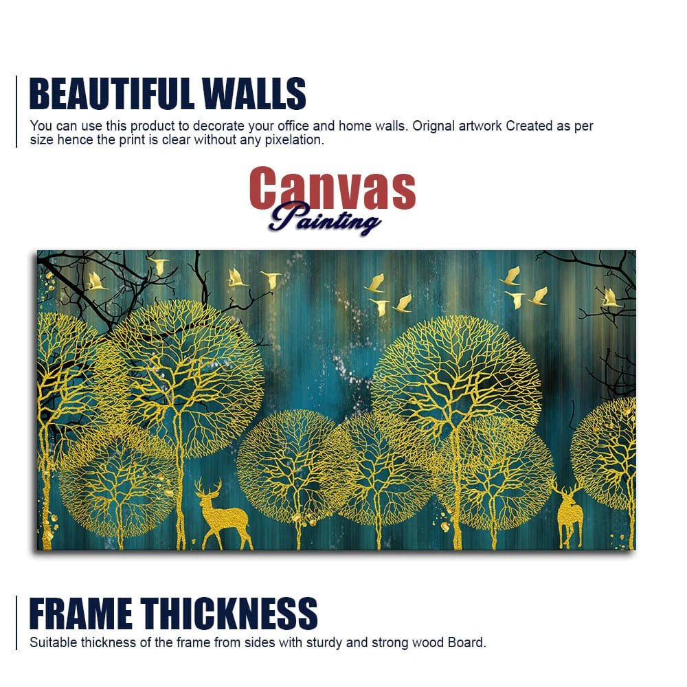 Golden Nightscape with Deers and Golden birds Canvas Wall Painting Decor Mantra