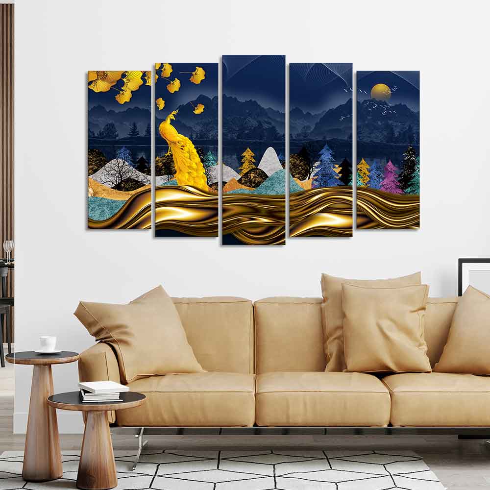 Golden Peacock in Dark Forest Premium Wall Painting Set of 5 Pieces Decor Mantra