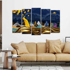 Golden Peacock in Dark Forest Premium Wall Painting Set of 5 Pieces Decor Mantra
