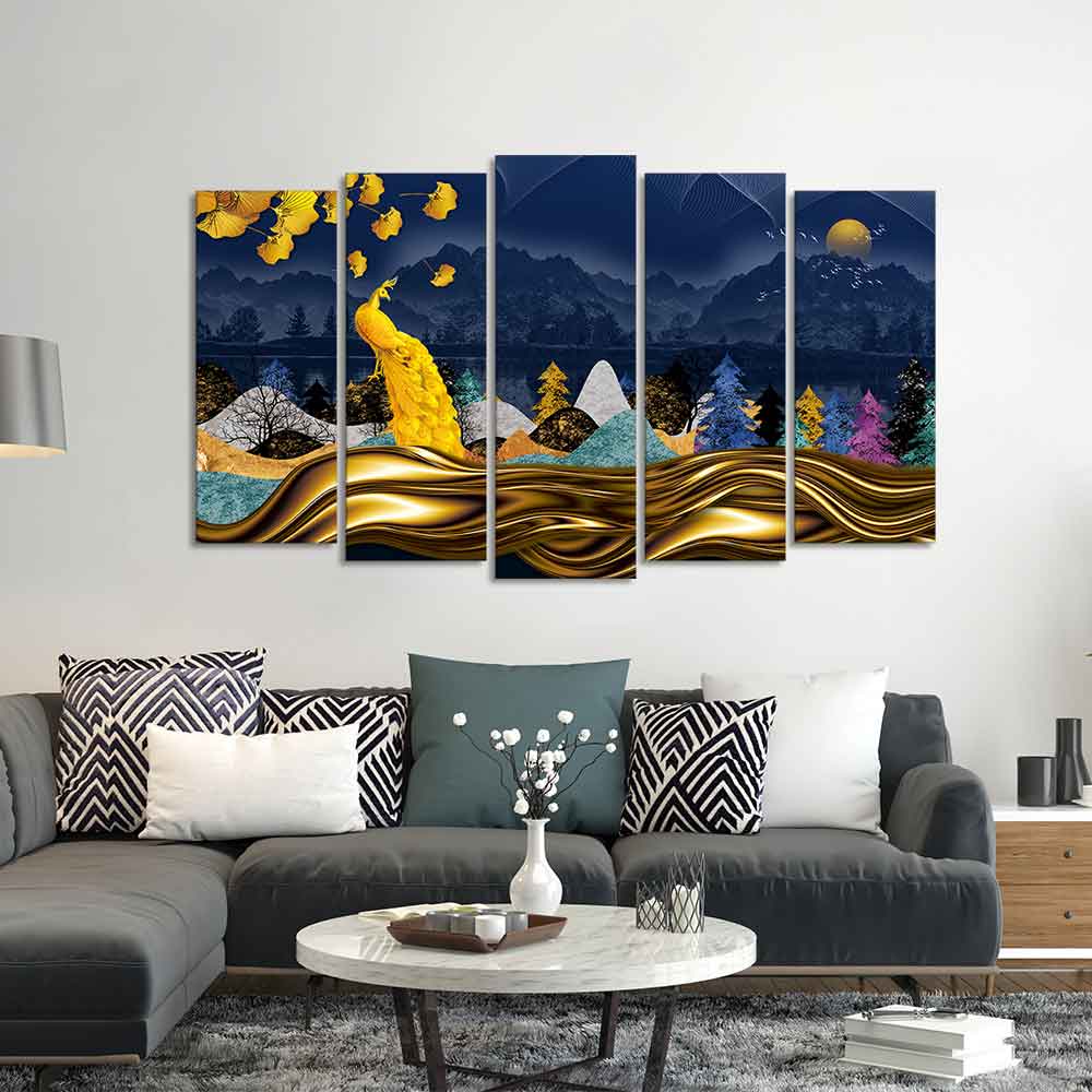 Golden Peacock in Dark Forest Premium Wall Painting Set of 5 Pieces Decor Mantra