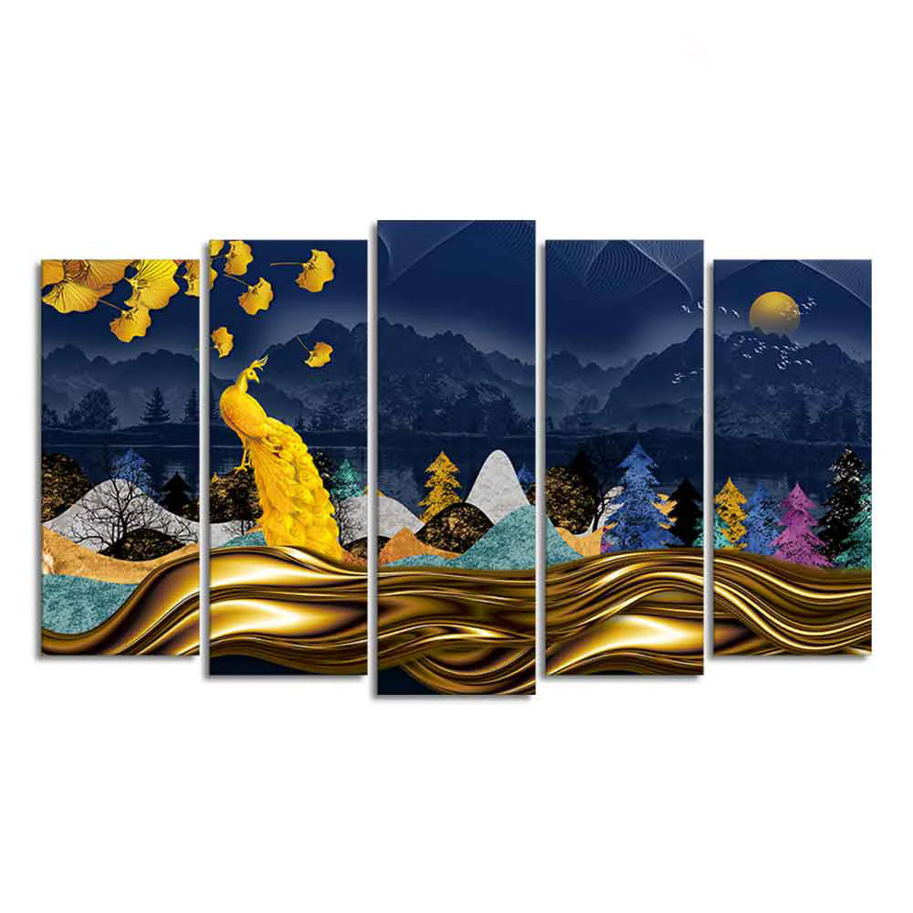Golden Peacock in Dark Forest Premium Wall Painting Set of 5 Pieces Decor Mantra