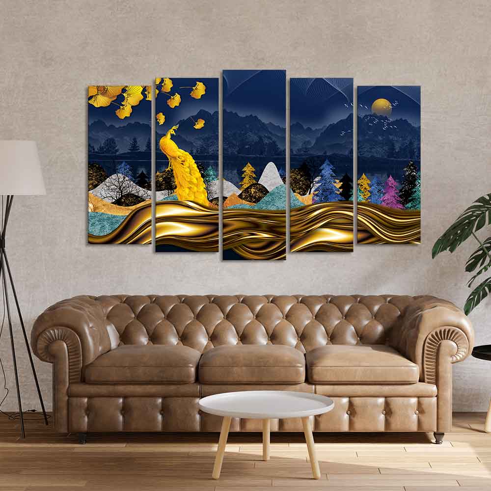 Golden Peacock in Dark Forest Premium Wall Painting Set of 5 Pieces Decor Mantra