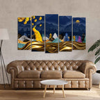 Golden Peacock in Dark Forest Premium Wall Painting Set of 5 Pieces Decor Mantra