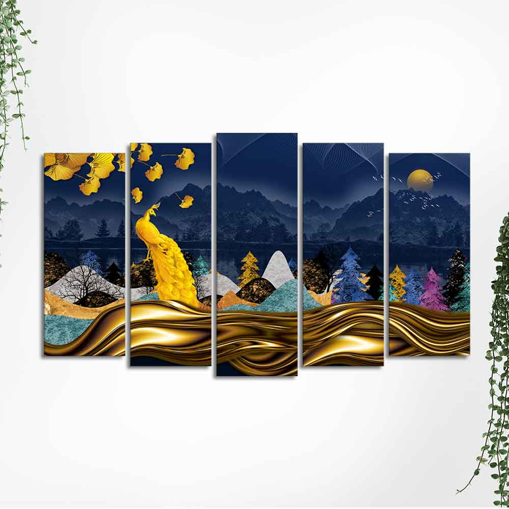 Golden Peacock in Dark Forest Premium Wall Painting Set of 5 Pieces Decor Mantra