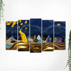 Golden Peacock in Dark Forest Premium Wall Painting Set of 5 Pieces Decor Mantra