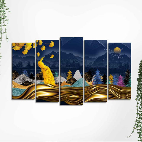 Golden Peacock in Dark Forest Premium Wall Painting Set of 5 Pieces