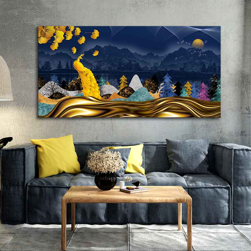 Golden Peacock in Dark Forest Premium Wall Painting Decor Mantra