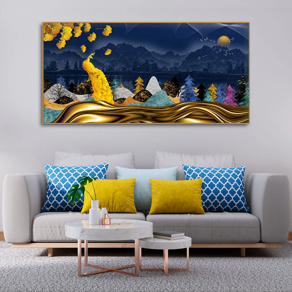 Golden Peacock in Dark Forest Premium Wall Painting Decor Mantra