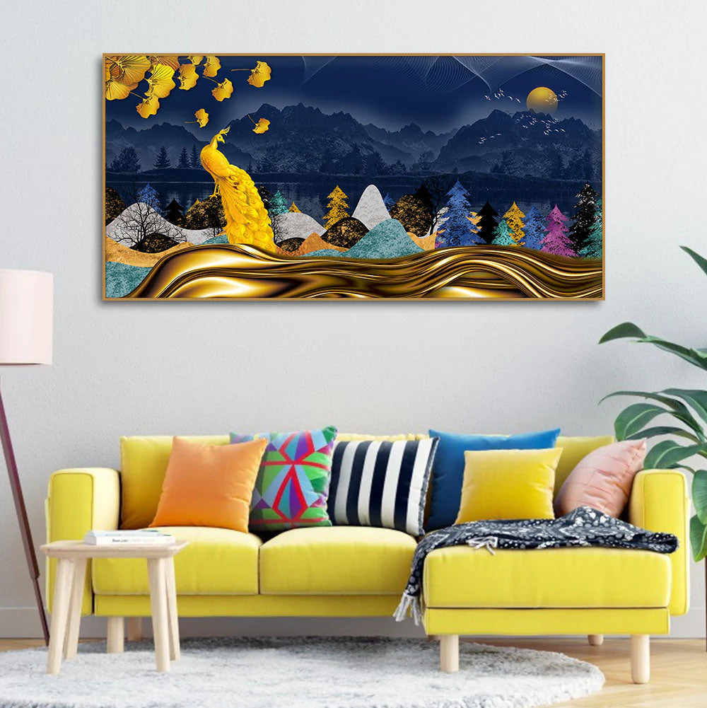 Golden Peacock in Dark Forest Premium Wall Painting Decor Mantra