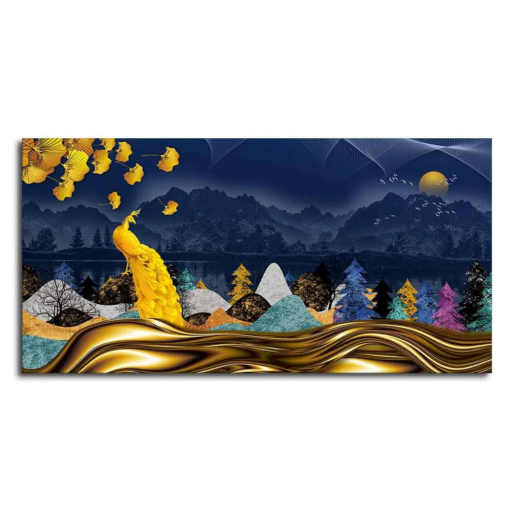 Golden Peacock in Dark Forest Premium Wall Painting Decor Mantra