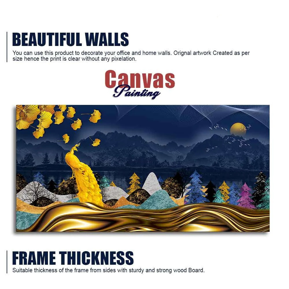 Golden Peacock in Dark Forest Premium Wall Painting Decor Mantra