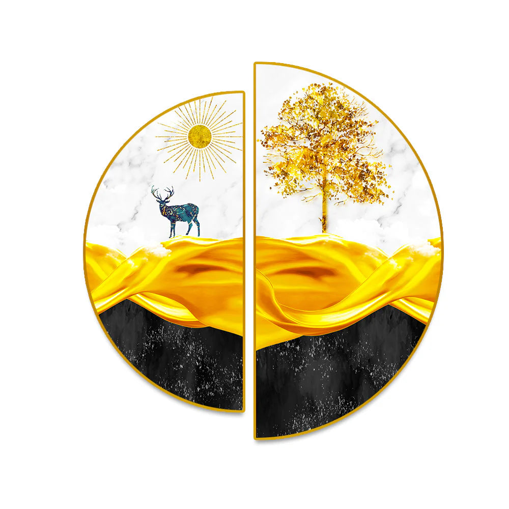 Golden Trees, Mountains, Semi Circle Canvas Wall Art & Paintings Decor Mantra