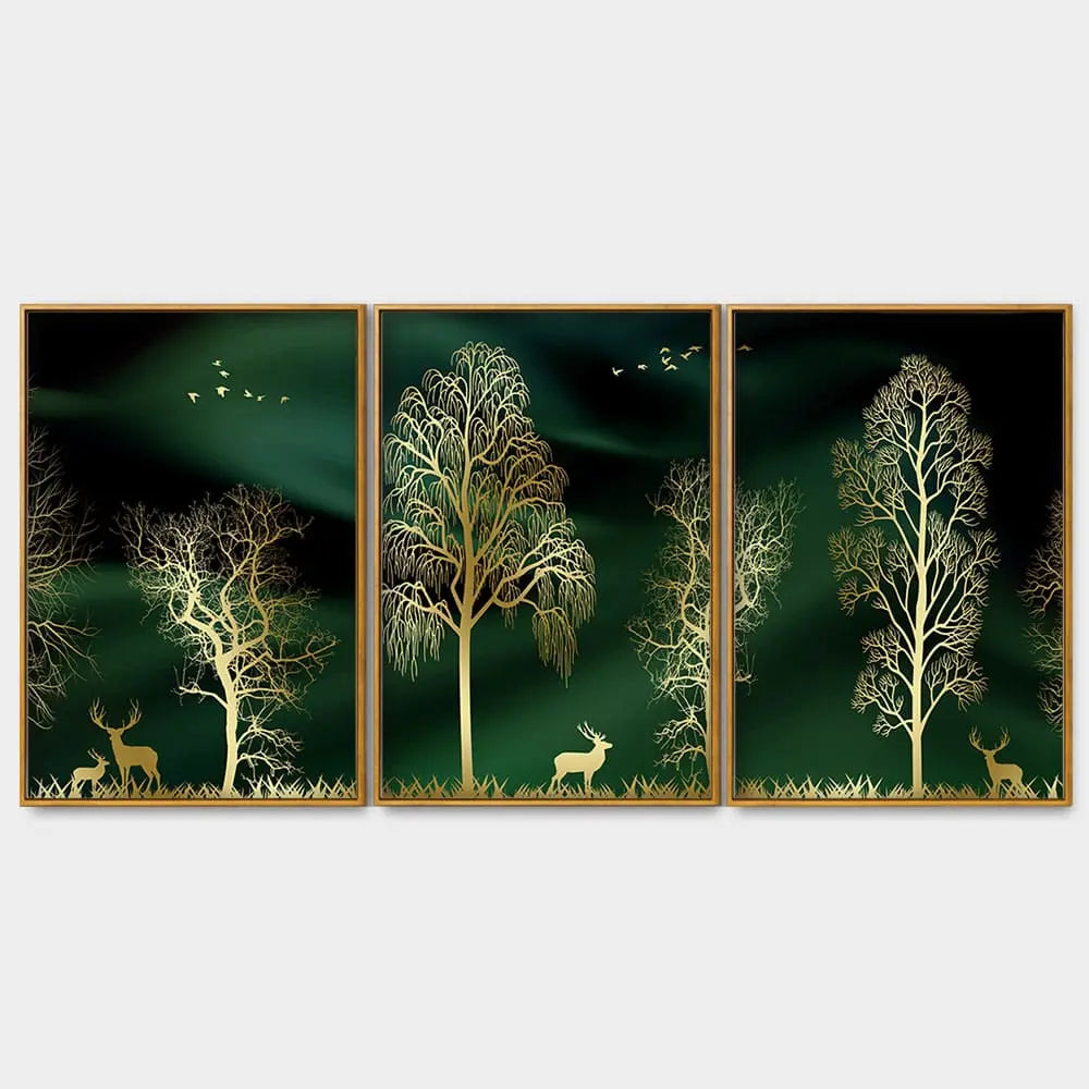 Golden Trees and Deer Modern Art Premium Floating Canvas Wall Painting Set of Three DECORMANTRA