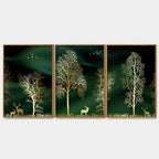Golden Trees and Deer Modern Art Premium Floating Canvas Wall Painting Set of Three DECORMANTRA