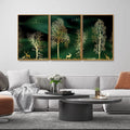 Golden Trees and Deer Modern Art Premium Floating Canvas Wall Painting Set of Three DECORMANTRA