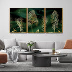 Golden Trees and Deer Modern Art Premium Floating Canvas Wall Painting Set of Three DECORMANTRA