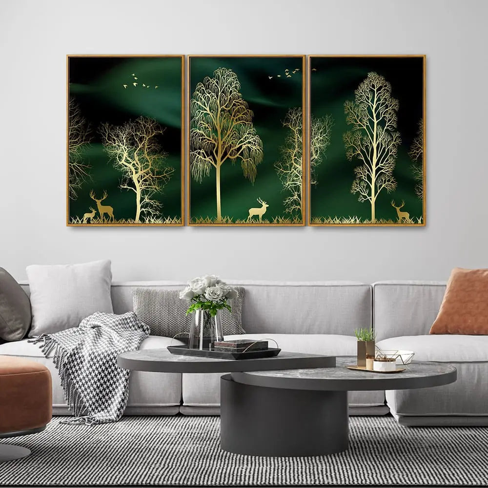 Golden Trees and Deer Modern Art Premium Floating Canvas Wall Painting Set of Three DECORMANTRA