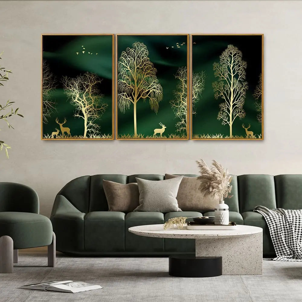 Golden Trees and Deer Modern Art Premium Floating Canvas Wall Painting Set of Three DECORMANTRA