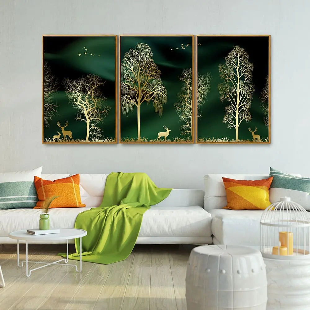 Golden Trees and Deer Modern Art Premium Floating Canvas Wall Painting Set of Three DECORMANTRA