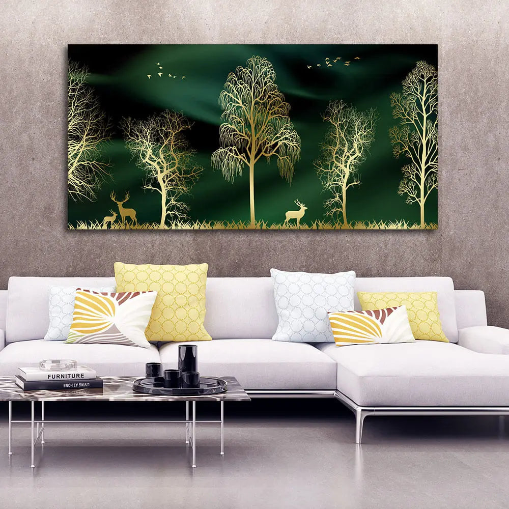 Golden Trees and Deer Modern Art Premium Wall Painting DECORMANTRA