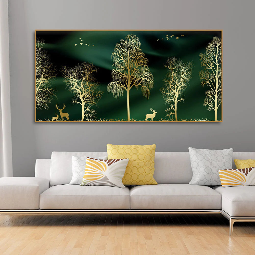 Golden Trees and Deer Modern Art Premium Wall Painting DECORMANTRA