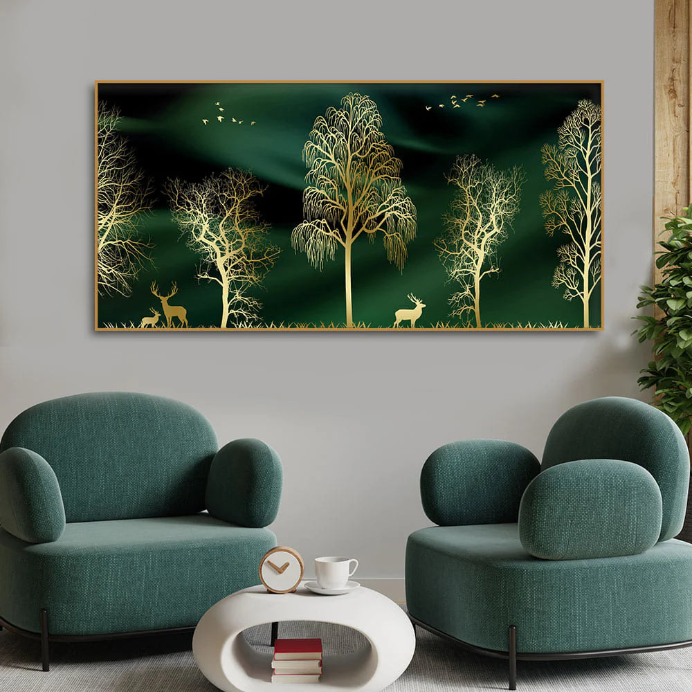 Golden Trees and Deer Modern Art Premium Wall Painting DECORMANTRA