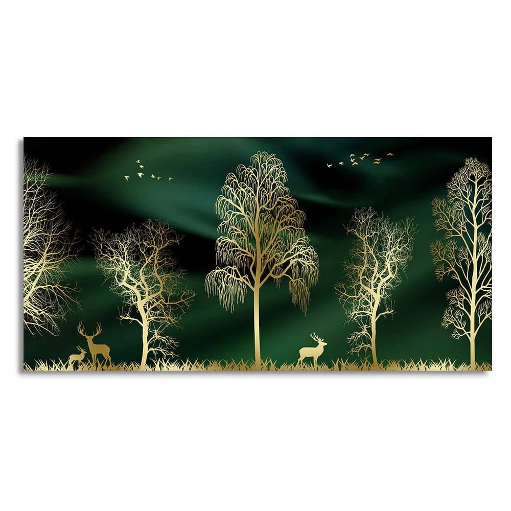 Golden Trees and Deer Modern Art Premium Wall Painting DECORMANTRA