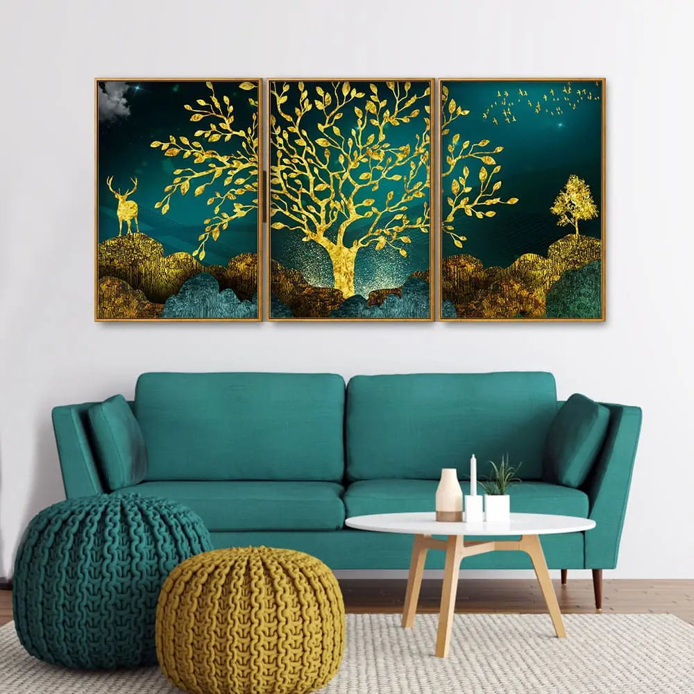 Golden Trees and Deer with Hills Premium Floating Canvas Wall Painting Set of Three DECORMANTRA