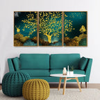Golden Trees and Deer with Hills Premium Floating Canvas Wall Painting Set of Three DECORMANTRA