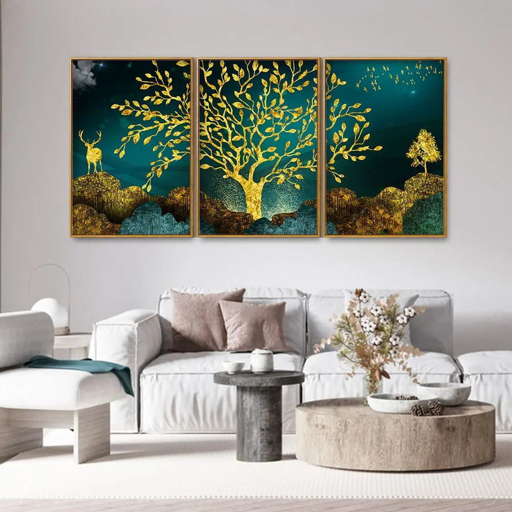 Golden Trees and Deer with Hills Premium Floating Canvas Wall Painting Set of Three DECORMANTRA