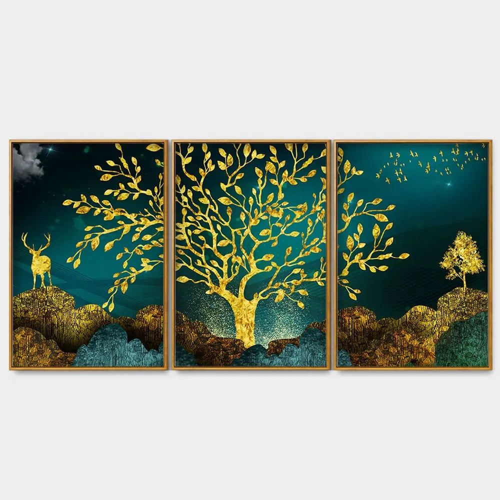 Golden Trees and Deer with Hills Premium Floating Canvas Wall Painting Set of Three DECORMANTRA