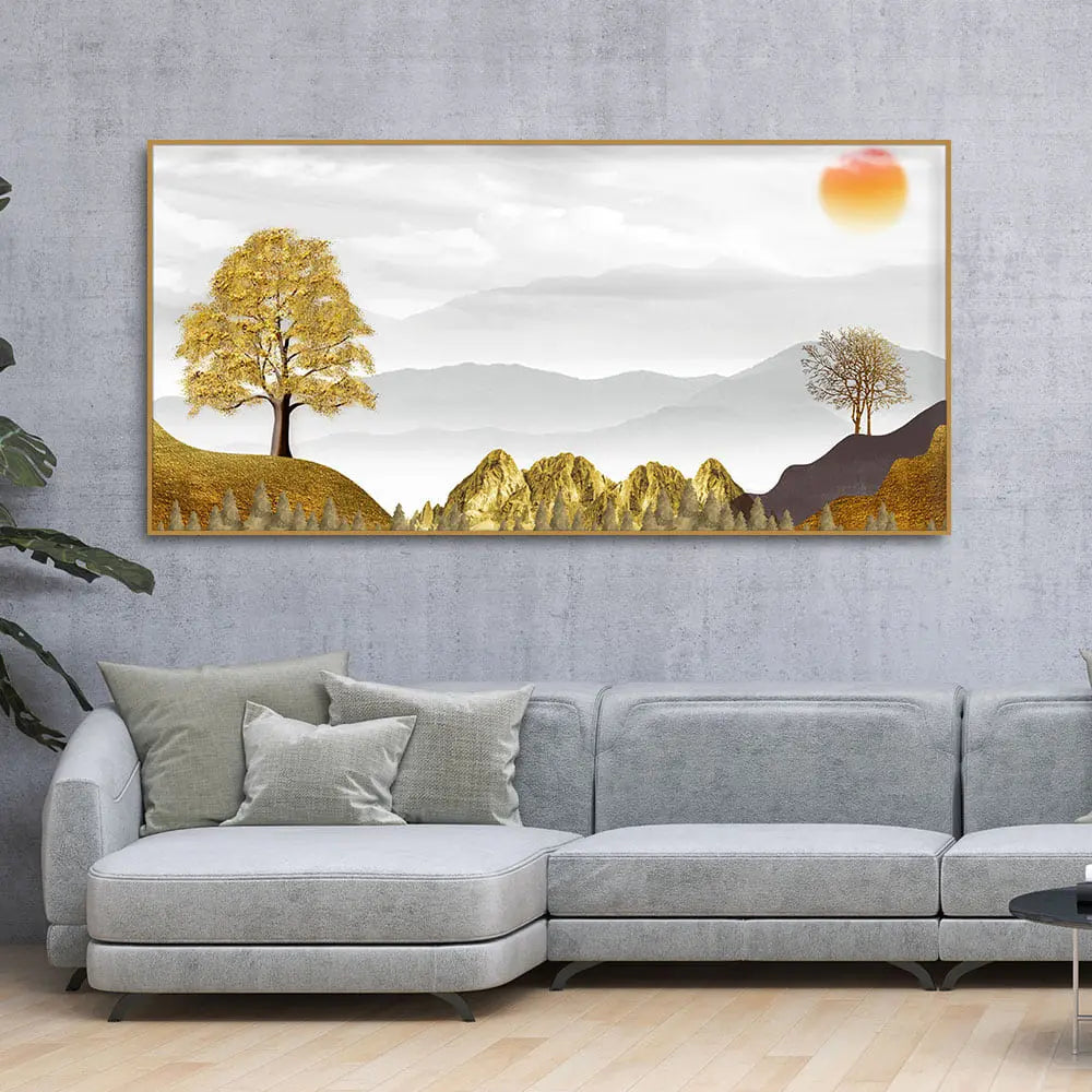 Golden Trees with Beautiful Sunrise Premium Canvas Wall Painting DECORMANTRA