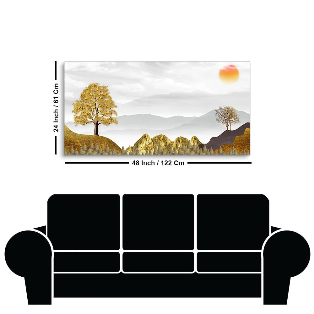 Golden Trees with Beautiful Sunrise Premium Canvas Wall Painting DECORMANTRA