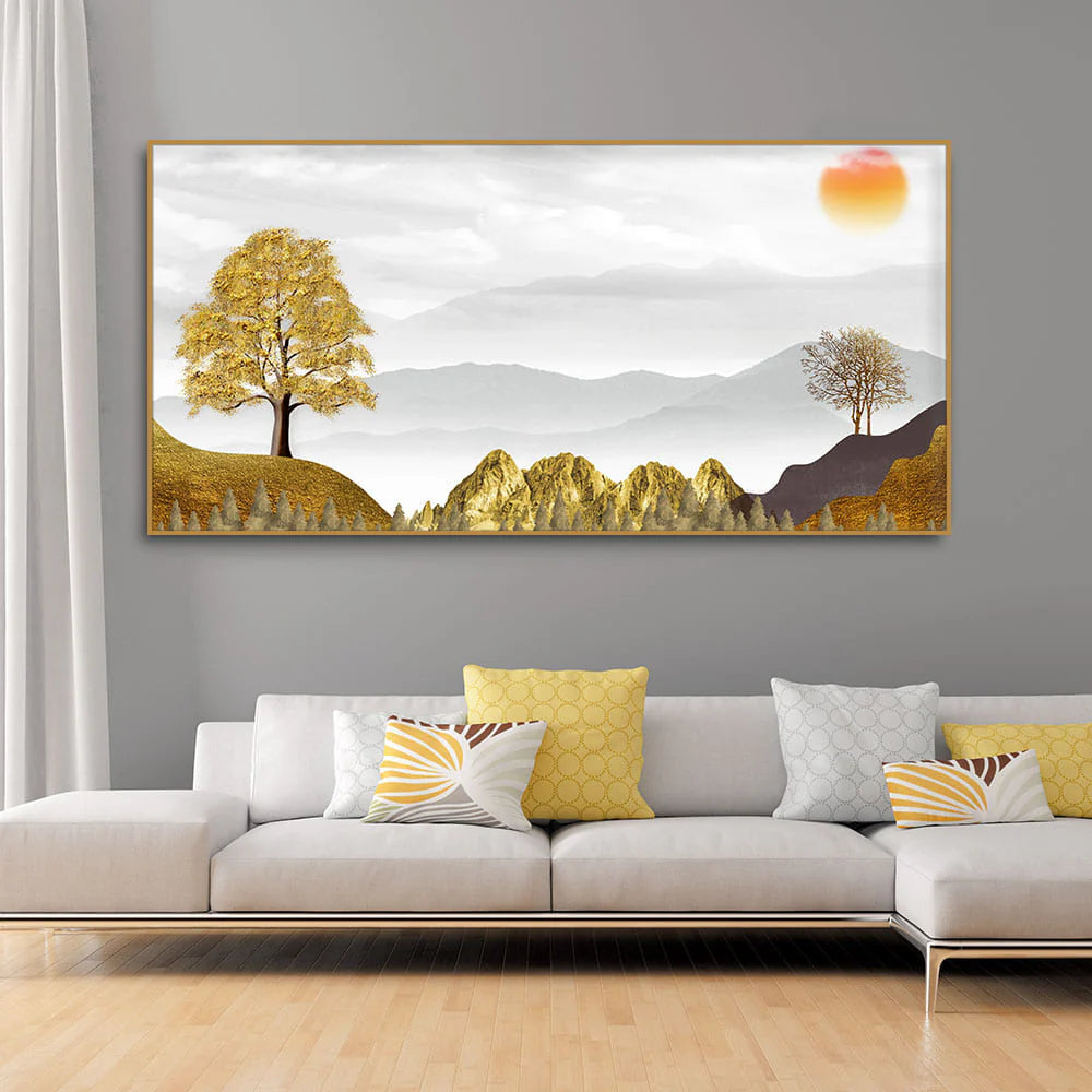 Golden Trees with Beautiful Sunrise Premium Canvas Wall Painting DECORMANTRA